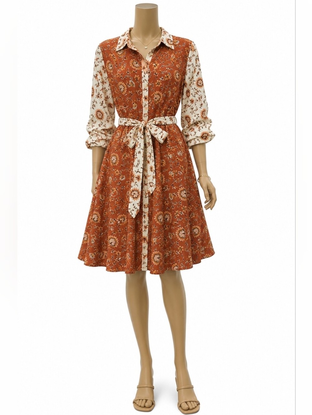 Harlow & Rose Floral Contrast Belted Shirt Dress Medium Rust Terracotta